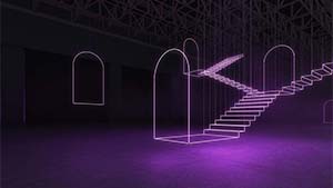 A dark room with neon purple outlines of arches and a floating staircase. The floor is also lit with a purple glow. The ceiling shows a dark, industrial-style truss structure.