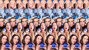 A repeated collage featuring people holding or using small blue jars of Vaseline petroleum jelly. The individuals are shown in various poses, applying the product or holding it up. The background is a mix of soft colors, with the Vaseline jars prominently displayed in each repetition