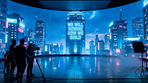  A production crew filming on a set with a large, curved LED screen displaying a futuristic blue cityscape and a skyscraper with "WE WILL REWIRE HOW WE BUILD" text.